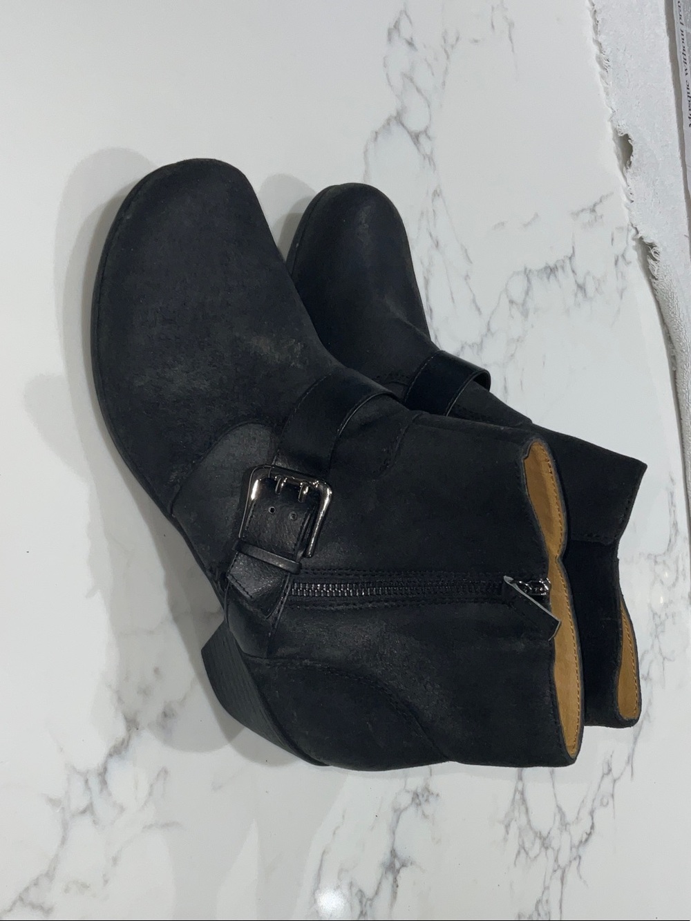 Women's Softspot Black Suede Ankle Booties with Side Buckle